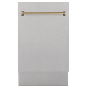 ZLINE Autograph 18" Tallac Series 3rd Rack Top Control Built-In Dishwasher with Satin Stainless Steel Panel and Champagne Bronze Handle, 51dBa, DWVZ-SN-18-CB