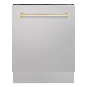 ZLINE Autograph 24" Tallac Series 3rd Rack Top Control Built-In Tall Tub Dishwasher with Satin Stainless Steel Panel and Polished Gold Handle, 51dBa, DWVZ-SN-24-G