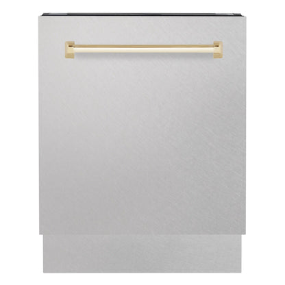 ZLINE Autograph 24" Tallac Series 3rd Rack Top Control Built-In Tall Tub Dishwasher with Satin Stainless Steel Panel and Polished Gold Handle, 51dBa, DWVZ-SN-24-G