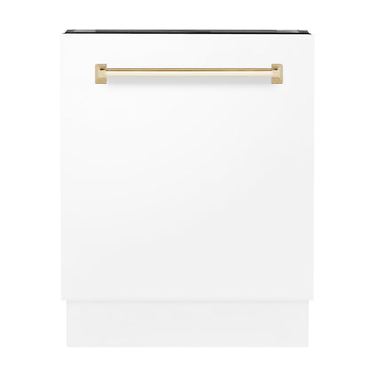 ZLINE Autograph Series 24 inch Tall Dishwasher in White Matte with Gold Handle, DWVZ-WM-24-G