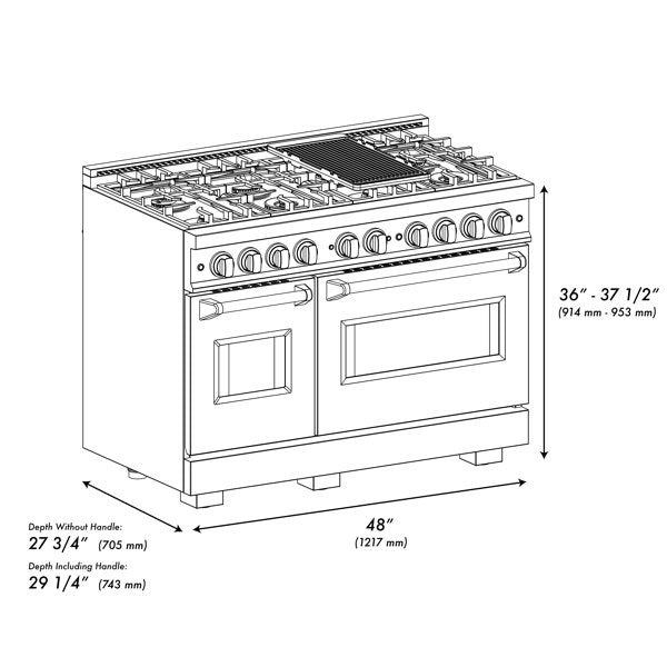 ZLINE 48" 6.7 cu. ft. Classic Double Oven Gas Range with 8 Burner Cooktop in Satin Stainless Steel with Black Matte Doors, CGRS-BLM-48