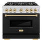 ZLINE Autograph 36" 5.2 cu. ft. Classic Gas Range with 6 Burners in Stainless Steel with Black Matte Door and Polished Gold Accents, CGRZ-BLM-36-G