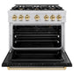 ZLINE Autograph 36" 5.2 cu. ft. Classic Gas Range with 6 Burners in Stainless Steel with Black Matte Door and Polished Gold Accents, CGRZ-BLM-36-G