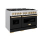 ZLINE Autograph 48" 6.7 cu. ft. Classic Double Oven Dual Fuel Range with 8 Burners in Stainless Steel with Black Matte Doors and Polished Gold Accents, CDRZ-BLM-48-G