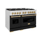 ZLINE Autograph 48" 6.7 cu. ft. Classic Double Oven Gas Range with 8 Burner Cooktop in Satin Stainless Steel with Black Matte Doors and Polished Gold Accents, CGRSZ-BLM-48-G