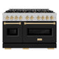 ZLINE Autograph 48" 6.7 cu. ft. Classic Double Oven Gas Range with 8 Burner Cooktop in Satin Stainless Steel with Black Matte Doors and Polished Gold Accents, CGRSZ-BLM-48-G