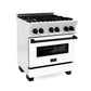 ZLINE Autograph 30" 4.0 cu. ft. Legacy Dual Fuel Range with 4 Burner Gas Cooktop and Electric Convection Oven in Satin Stainless Steel with White Matte Door and Matte Black Accents, RASZ-WM-30-MB