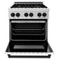 ZLINE Autograph 30" 4.0 cu. ft. Legacy Dual Fuel Range with 4 Burner Gas Cooktop and Electric Convection Oven in Satin Stainless Steel with White Matte Door and Matte Black Accents, RASZ-WM-30-MB