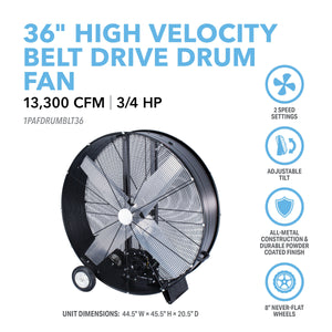 36” High-Velocity Belt Drive Drum Fan with Industrial-Grade Aluminum Blades, All-Metal Construction, 8” Wheels