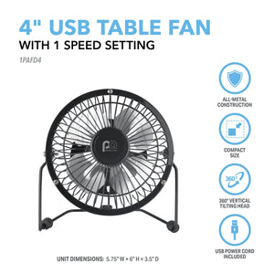 4" USB-Powered Table Fan with 360-Degree Tilt Head and All-Metal Construction