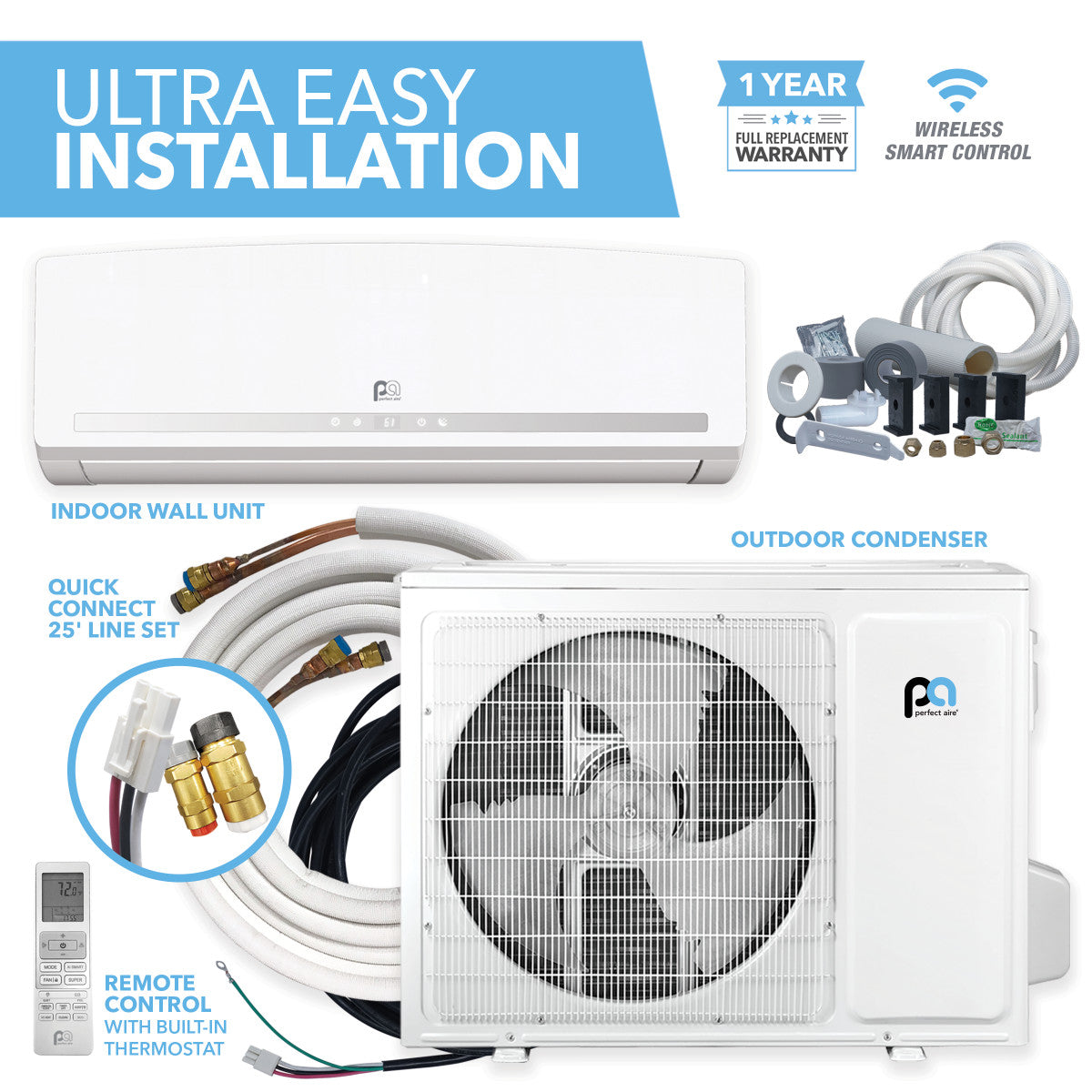 Perfect Aire DIY 18,000 BTU Quick Connect Mini Split Single Zone System - 230V