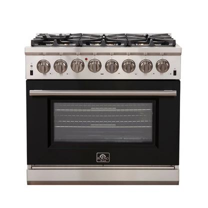 FORNO Capriasca 36" 5.36 cu. ft. Dual Fuel Range with 6 Italian Burners in Black, FFSGS6187-36BLK