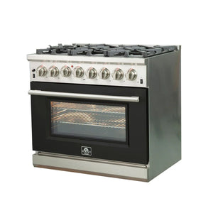 FORNO Capriasca 36" 5.36 cu. ft. Dual Fuel Range with 6 Italian Burners in Black, FFSGS6187-36BLK