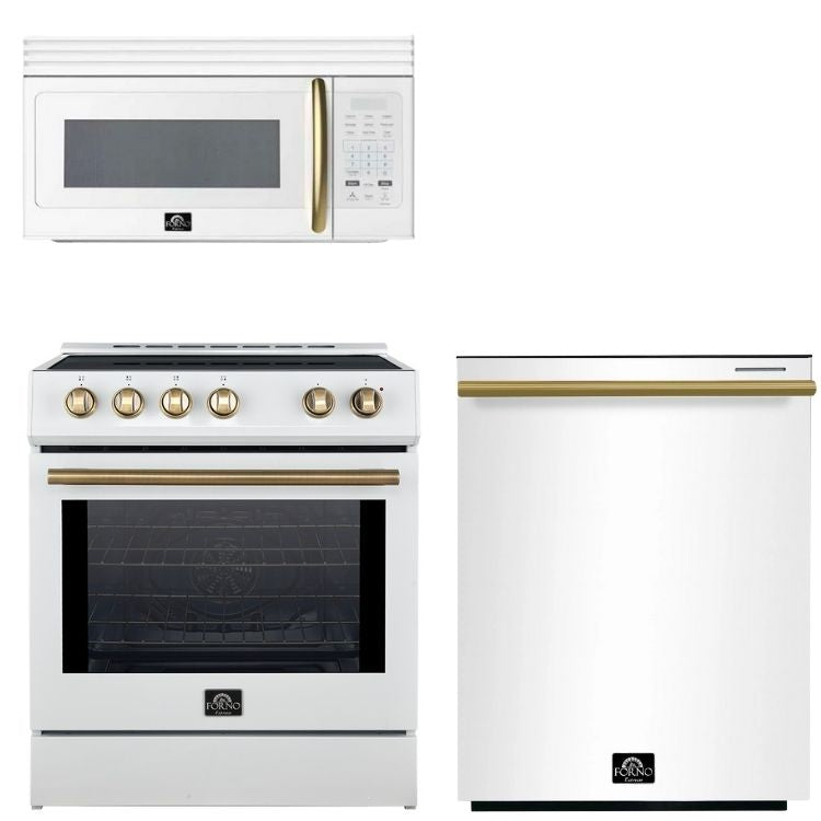 FORNO Espresso Package - 30" Induction Range, Over-The-Range Microwave and Dishwasher in White with Antique Brass Accents, AP3-0982WHT-A9
