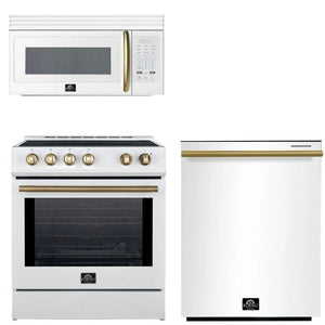 FORNO Espresso Package - 30" Induction Range, Over-The-Range Microwave and Dishwasher in White with Antique Brass Accents, AP3-0982WHT-A9