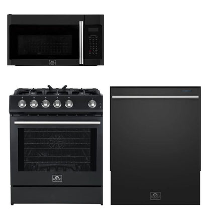 FORNO Espresso Package - 30" Gas Range, Over-The-Range Microwave and Dishwasher in Black with Stainless Steel Accents, AP3-1116BLK-S10