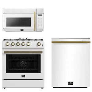 FORNO Espresso Package - 30" Gas Range, Over-The-Range Microwave and Dishwasher in White with Antique Brass Accents, AP3-1116WHT-A10