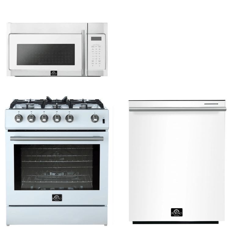 FORNO Espresso Package - 30" Gas Range, Over-The-Range Microwave and Dishwasher in White with Stainless Steel Accents, AP3-1116WHT-S10
