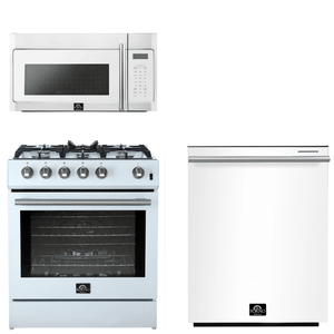 FORNO Espresso Package - 30" Gas Range, Over-The-Range Microwave and Dishwasher in White with Stainless Steel Accents, AP3-1116WHT-S10