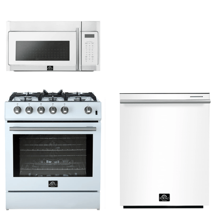 FORNO Espresso Package - 30" Gas Range, Over-The-Range Microwave and Dishwasher in White with Stainless Steel Accents, AP3-1116WHT-S10