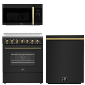 FORNO Paolo Package - 30" Electric Range, Over-The-Range Microwave and Dishwasher in Black with Antique Brass Accents, AP3-6011BLK-A10