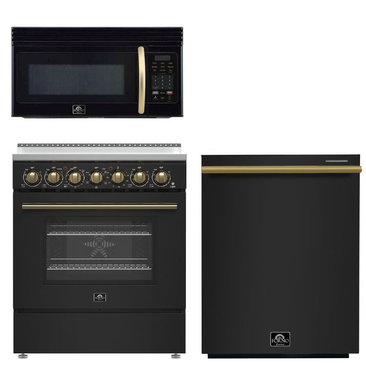 FORNO Paolo Package - 30" Electric Range, Over-The-Range Microwave and Dishwasher in Black with Antique Brass Accents, AP3-6011BLK-A9