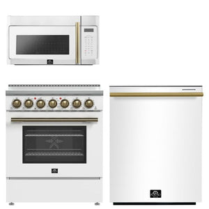 FORNO Paolo Package - 30" Electric Range, Over-The-Range Microwave and Dishwasher in White with Antique Brass Accents, AP3-6011WHT-A10