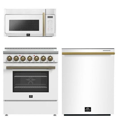 FORNO Paolo Package - 30" Electric Range, Over-The-Range Microwave and Dishwasher in White with Antique Brass Accents, AP3-6011WHT-A10