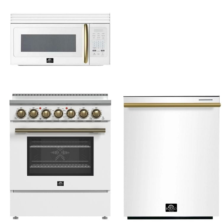 FORNO Paolo Package - 30" Electric Range, Over-The-Range Microwave and Dishwasher in White with Antique Brass Accents, AP3-6011WHT-A9