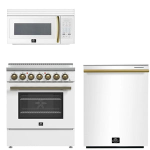 FORNO Paolo Package - 30" Electric Range, Over-The-Range Microwave and Dishwasher in White with Antique Brass Accents, AP3-6011WHT-A9