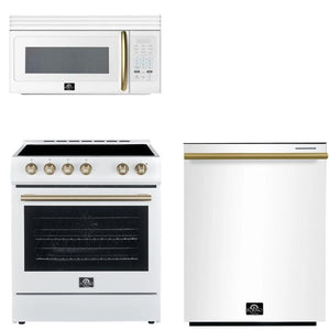 FORNO Espresso Package - 30" Electric Range, Over-The-Range Microwave and Dishwasher in White with Antique Brass Accents, AP3-6012WHT-A9