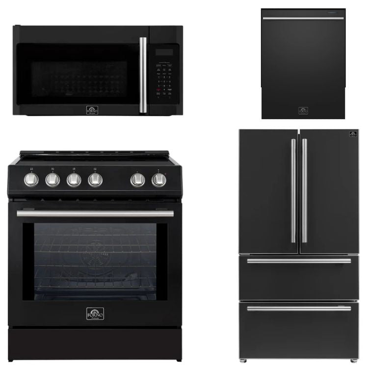 FORNO Espresso Package - 30" Induction Range, Over-The-Range Microwave, 36" Refrigerator with Ice Maker and Dishwasher in Black with Stainless Steel Accents, AP4-0982BLK-S12