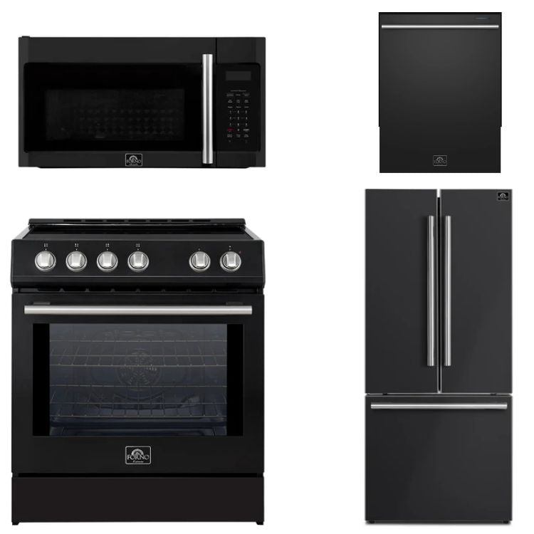 FORNO Espresso Package - 30" Induction Range, Over-The-Range Microwave, 30" Refrigerator with Ice Maker and Dishwasher in Black with Stainless Steel Accents, AP4-0982BLK-S13