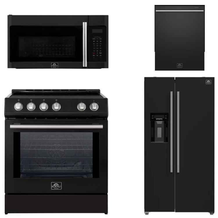 FORNO Espresso Package - 30" Induction Range, Over-The-Range Microwave, 36" Refrigerator with Water Dispenser/Ice Maker and Dishwasher in Black with Stainless Steel Accents, AP4-0982BLK-S14