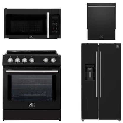 FORNO Espresso Package - 30" Induction Range, Over-The-Range Microwave, 36" Refrigerator with Water Dispenser/Ice Maker and Dishwasher in Black with Stainless Steel Accents, AP4-0982BLK-S14