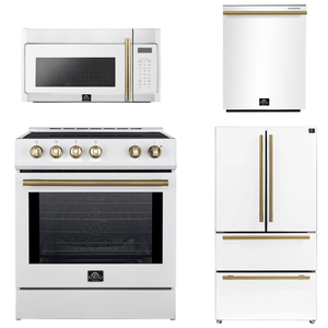 FORNO Espresso Package - 30" Induction Range, Over-The-Range Microwave, 36" Refrigerator with Ice Maker and Dishwasher in White with Antique Brass Accents, AP4-0982WHT-A12
