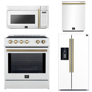 FORNO Espresso Package - 30" Induction Range, Over-The-Range Microwave, 36" Refrigerator with Water Dispenser/Ice Maker and Dishwasher in White with Antique Brass Accents, AP4-0982WHT-A14