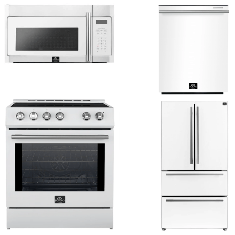 FORNO Espresso Package - 30" Induction Range, Over-The-Range Microwave, 36" Refrigerator with Ice Maker and Dishwasher in White with Stainless Steel Accents, AP4-0982WHT-S12