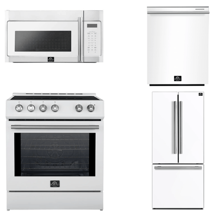 FORNO Espresso Package - 30" Induction Range, Over-The-Range Microwave, 30" Refrigerator with Ice Maker and Dishwasher in White with Stainless Steel Accents, AP4-0982WHT-S13