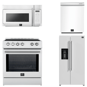 FORNO Espresso Package - 30" Induction Range, Over-The-Range Microwave, 36" Refrigerator with Water Dispenser/Ice Maker and Dishwasher in White with Stainless Steel Accents, AP4-0982WHT-S14