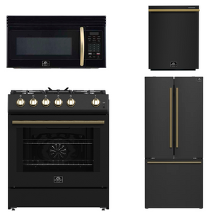 FORNO Espresso Package - 30" Gas Range, Over-The-Range Microwave, 30" Refrigerator with Ice Maker and Dishwasher in Black with Antique Brass Accents, AP4-1116BLK-A10