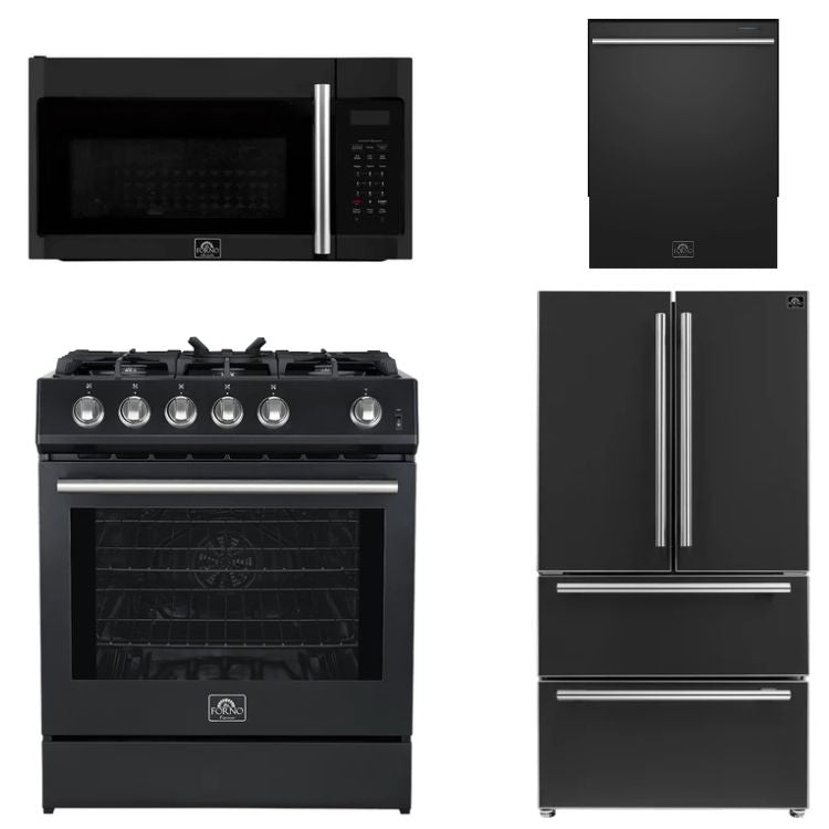 FORNO Espresso Package - 30" Gas Range, Over-The-Range Microwave, 36" Refrigerator with Ice Maker and Dishwasher in Black with Stainless Steel Accents, AP4-1116BLK-S12