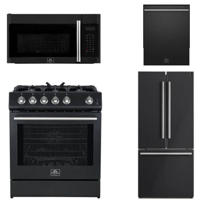 FORNO Espresso Package - 30" Gas Range, Over-The-Range Microwave, 30" Refrigerator with Ice Maker and Dishwasher in Black with Stainless Steel Accents, AP4-1116BLK-S13