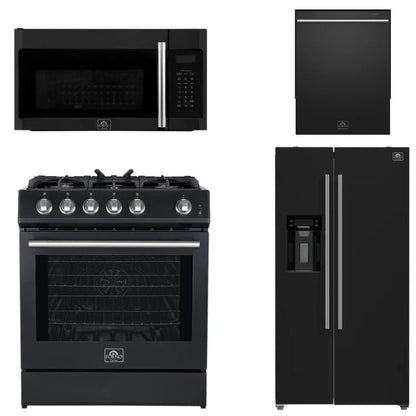 FORNO Espresso Package - 30" Gas Range, Over-The-Range Microwave, 36" Refrigerator with Water Dispenser/Ice Maker and Dishwasher in Black with Stainless Steel Accents, AP4-1116BLK-S14