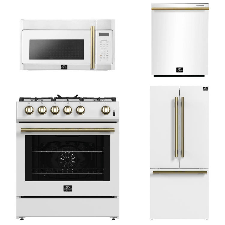 FORNO Espresso Package - 30" Gas Range, Over-The-Range Microwave, 30" Refrigerator with Ice Maker and Dishwasher in White with Antique Brass Accents, AP4-1116WHT-A13
