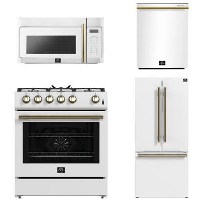 FORNO Espresso Package - 30" Gas Range, Over-The-Range Microwave, 30" Refrigerator with Ice Maker and Dishwasher in White with Antique Brass Accents, AP4-1116WHT-A13