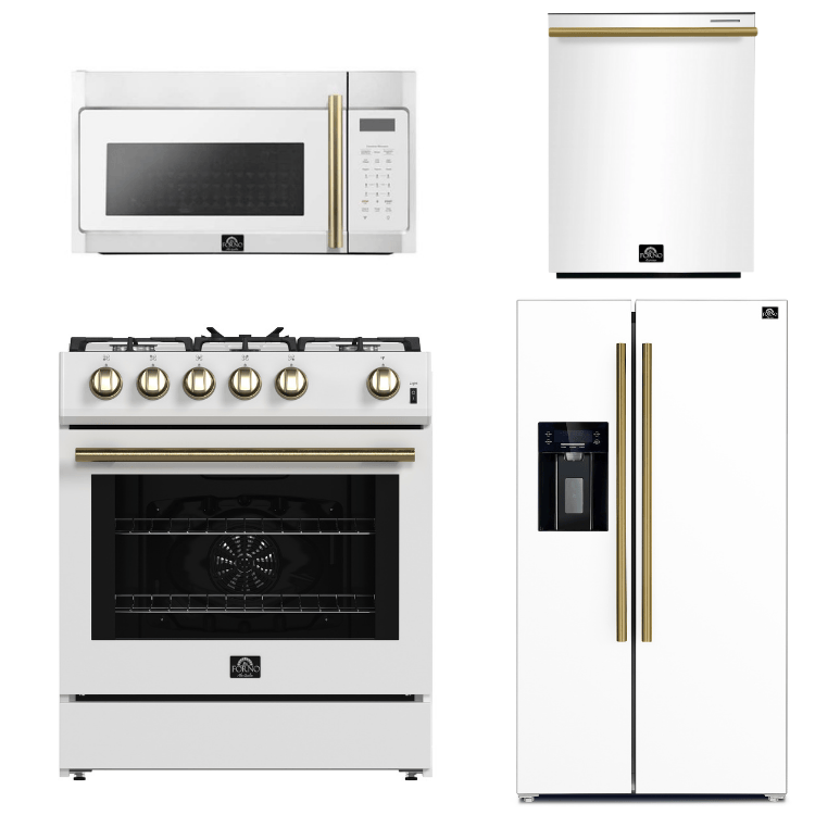 FORNO Espresso Package - 30" Gas Range, Over-The-Range Microwave, 36" Refrigerator with Water Dispenser/Ice Maker and Dishwasher in White with Antique Brass Accents, AP4-1116WHT-A14
