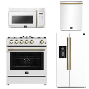 FORNO Espresso Package - 30" Gas Range, Over-The-Range Microwave, 36" Refrigerator with Water Dispenser/Ice Maker and Dishwasher in White with Antique Brass Accents, AP4-1116WHT-A14