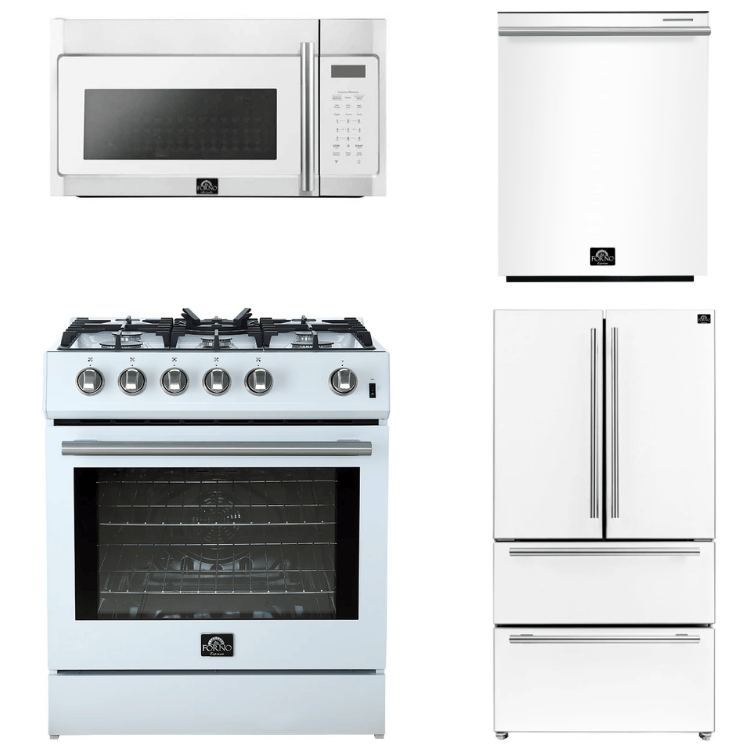 FORNO Espresso Package - 30" Gas Range, Over-The-Range Microwave, 36" Refrigerator with Ice Maker and Dishwasher in White with Stainless Steel Accents, AP4-1116WHT-S12
