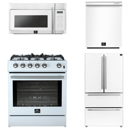 FORNO Espresso Package - 30" Gas Range, Over-The-Range Microwave, 36" Refrigerator with Ice Maker and Dishwasher in White with Stainless Steel Accents, AP4-1116WHT-S12